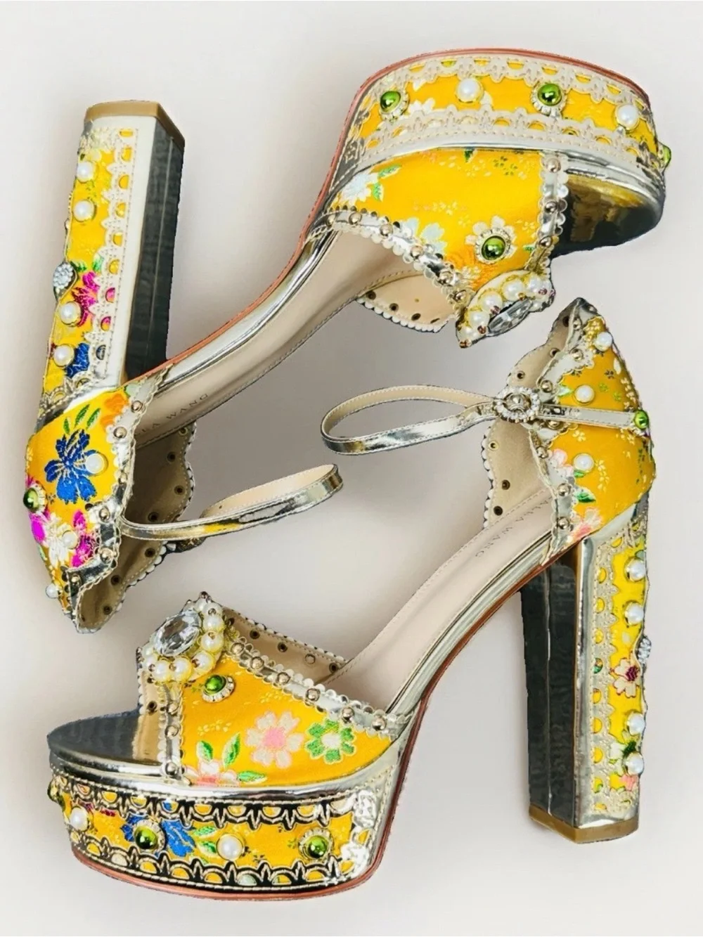 Azalea Wang Cici Yellow Gold Jeweled Baroque Platform Heels